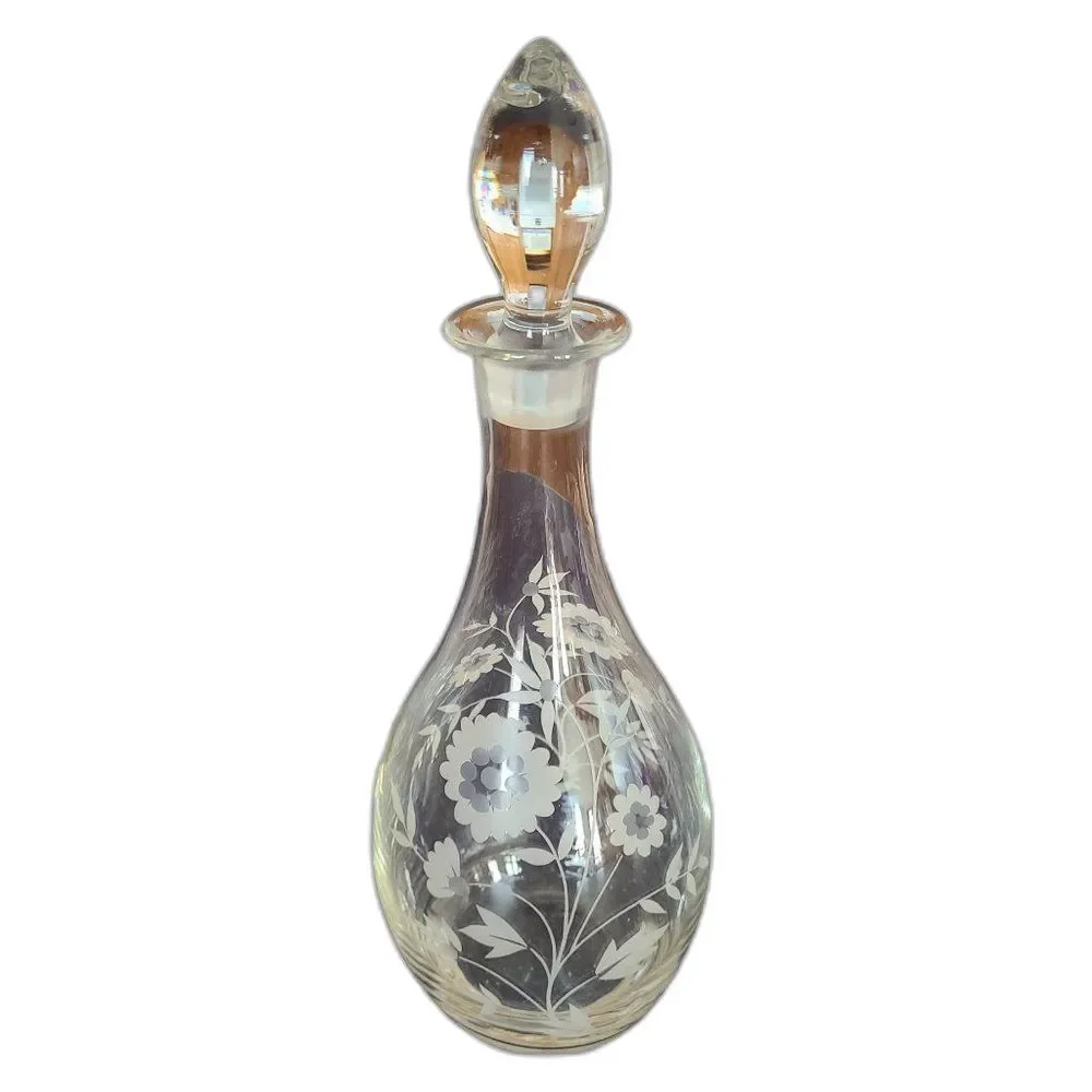 Javit Crystal Wine Decanter Made In Turkey Etched Floral Glass Barware